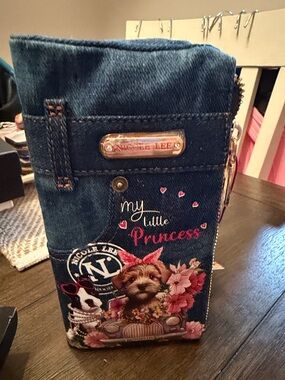 Nicole Lee Denim Zip Wallet - Blue with Pink Accents